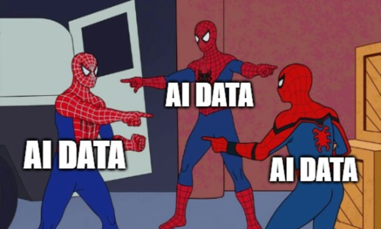 Three Spider-Man figures pointing at each other labeled AI DATA